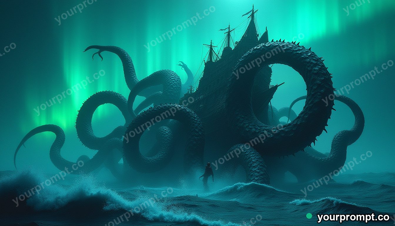 The Kraken rising to crush a wooden ship