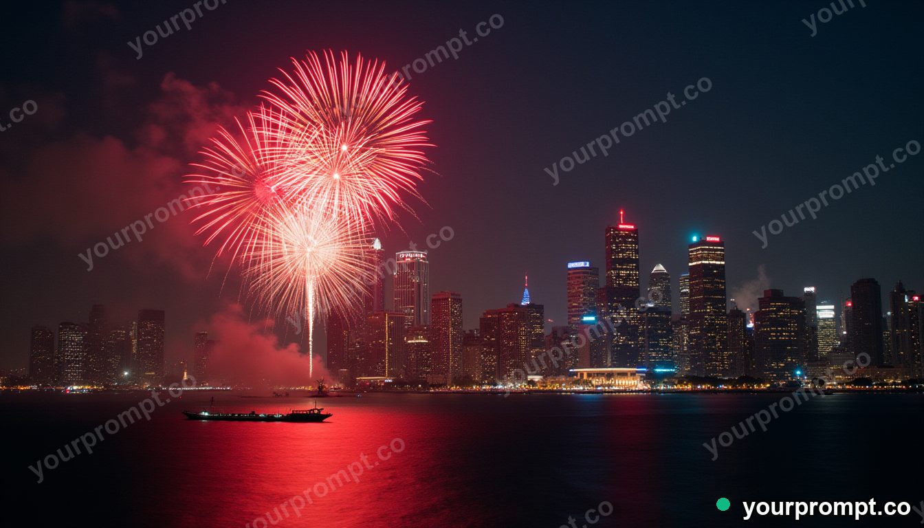 Fireworks bursting over a city skyline at midnight