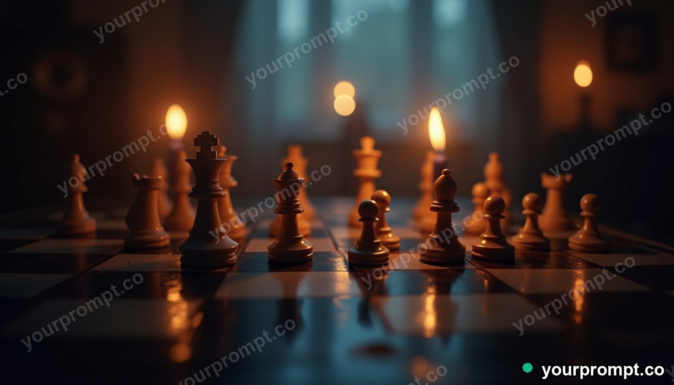 A candlelit chessboard mid-game