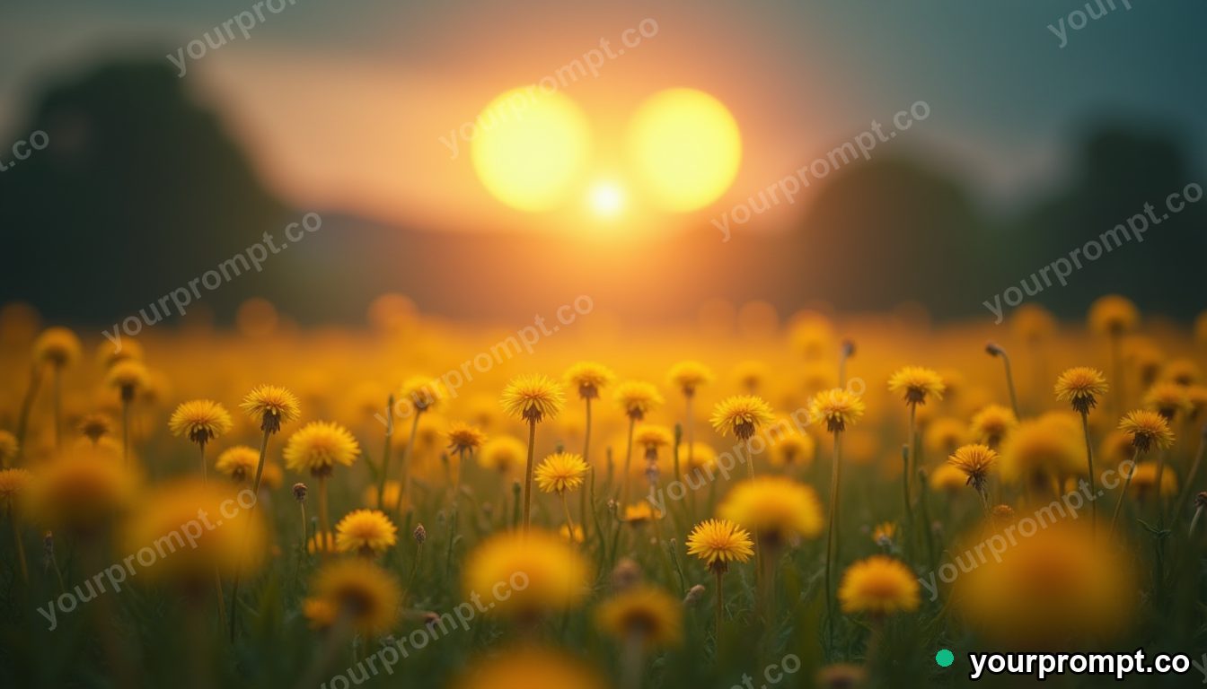 An endless field of glowing dandelions under twin moons