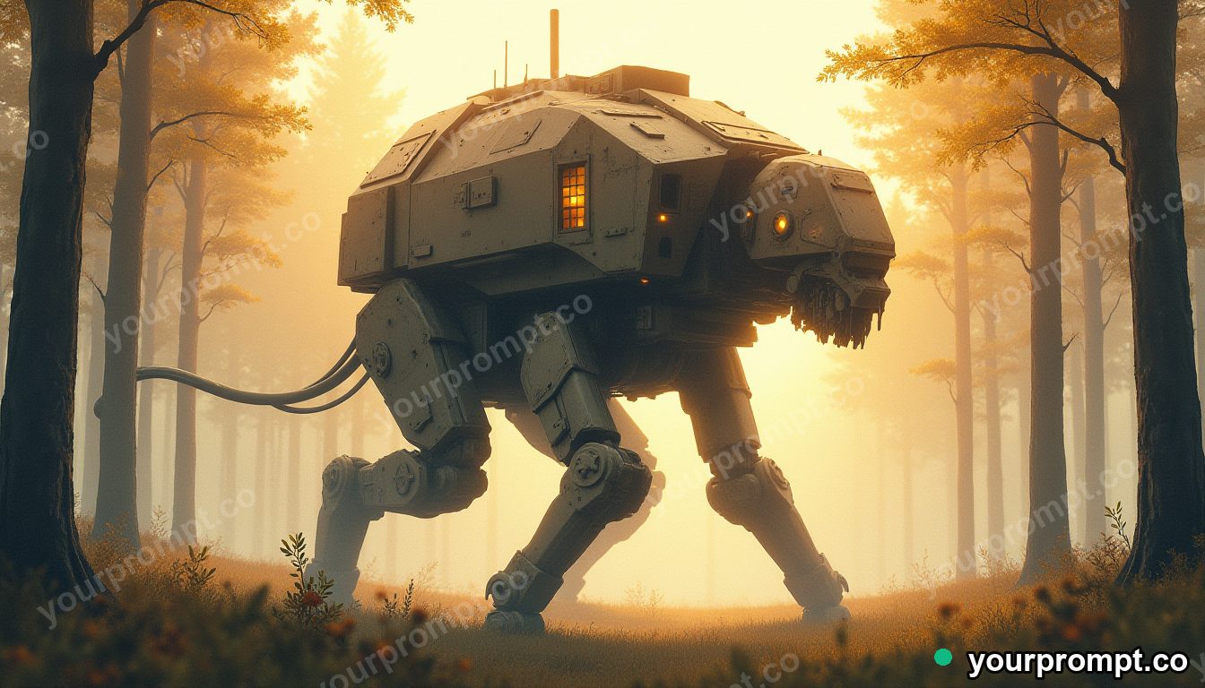 A giant walking mech-house striding through forest