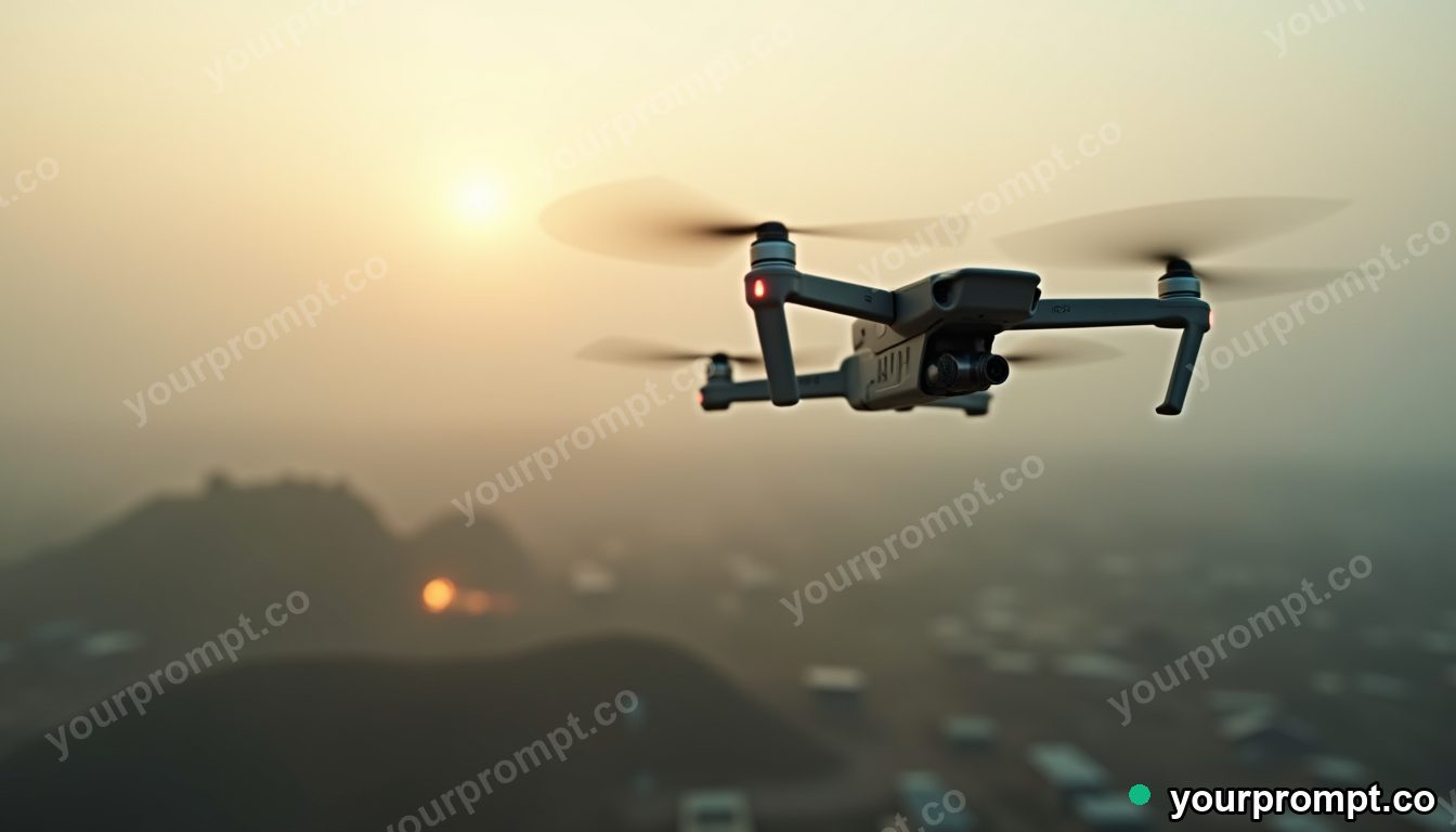 A battle drone hovering over a foggy battlefield