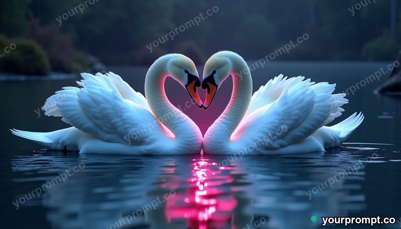 A pair of swans forming a heart on still water