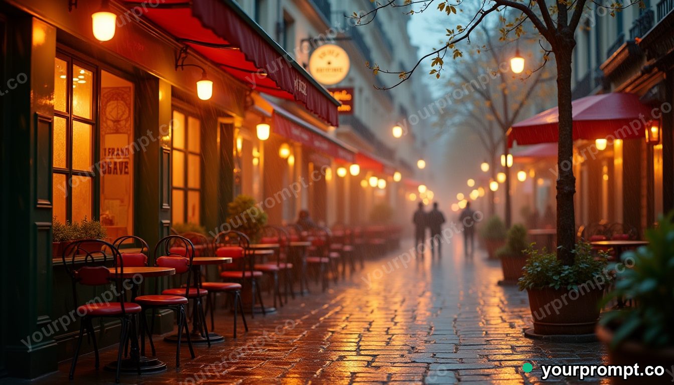 A cobbled Parisian cafe street in soft rain