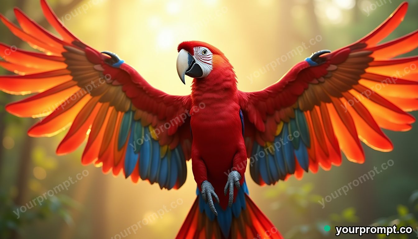 A scarlet macaw spreading rainbow wings
