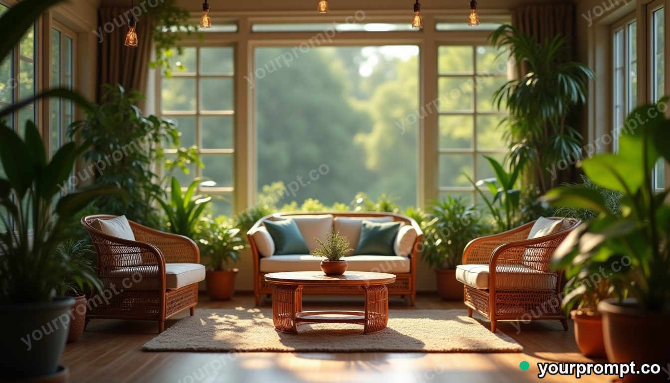 A plant-filled sunroom with rattan furniture