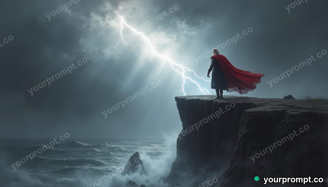 Thor summoning lightning on a stormy cliff