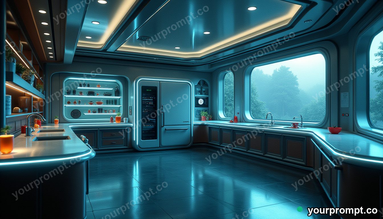 A futuristic smart kitchen with glowing surfaces