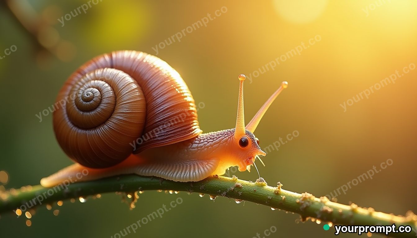 A snail with a glistening shell on a dewy stem