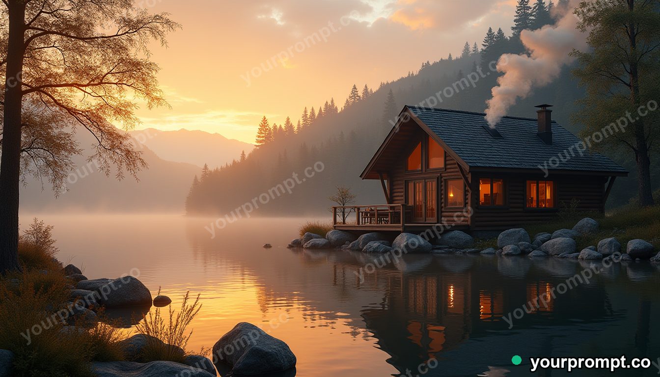 A lakeside cabin with smoke curling from the chimney at dawn in golden-hour photography style — AI-generated image from a text prompt