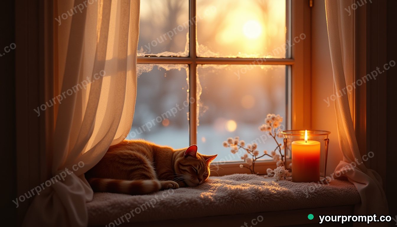 A bay window seat with a cat asleep in winter sun in photorealistic style — AI-generated image from a text prompt