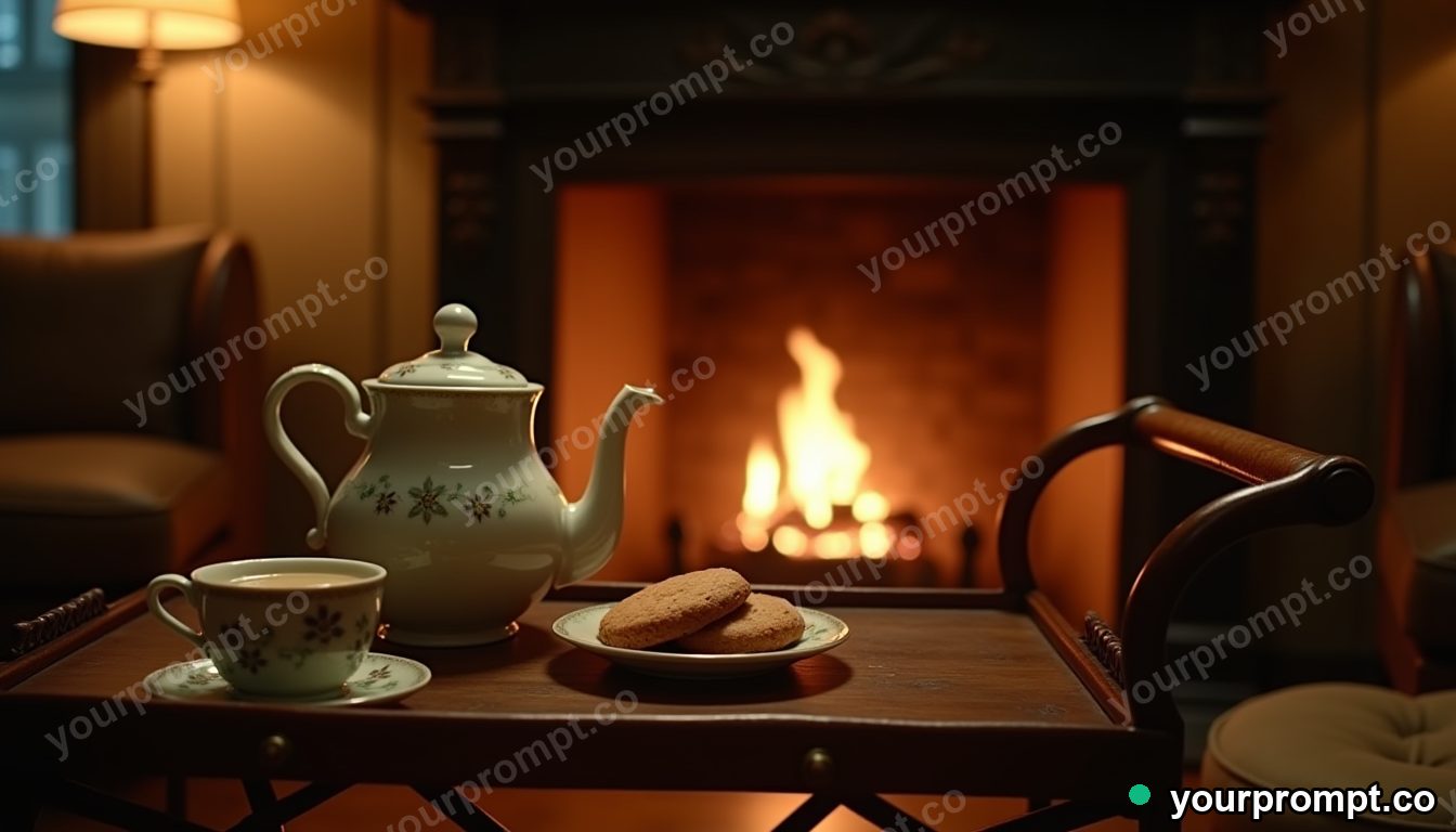 A tea trolley with a teapot and biscuits by a fireplace in cinematic film still style — AI-generated image from a text prompt