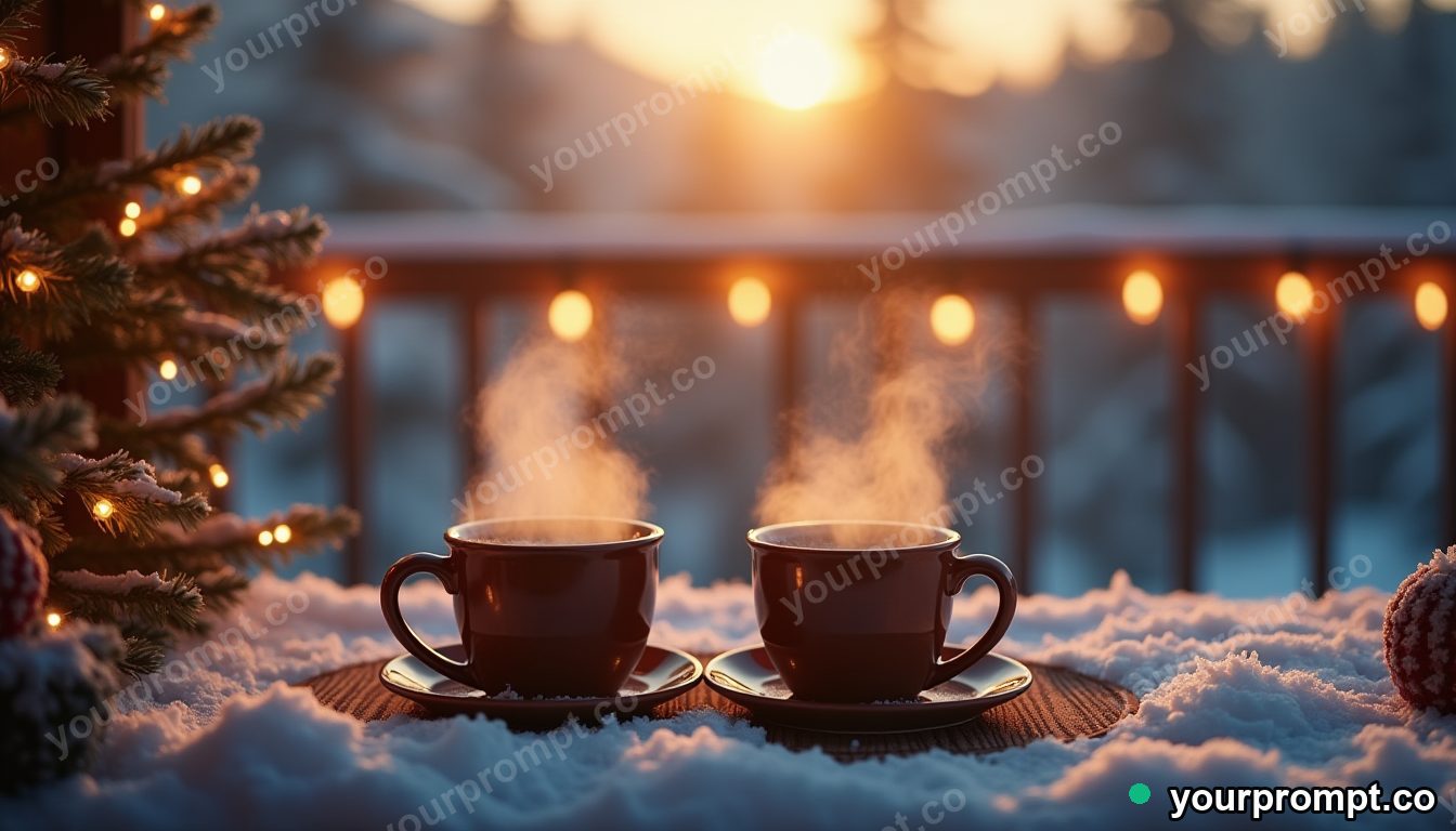 A snowy balcony with string lights and two steaming mugs in golden-hour photography style — AI-generated image from a text prompt
