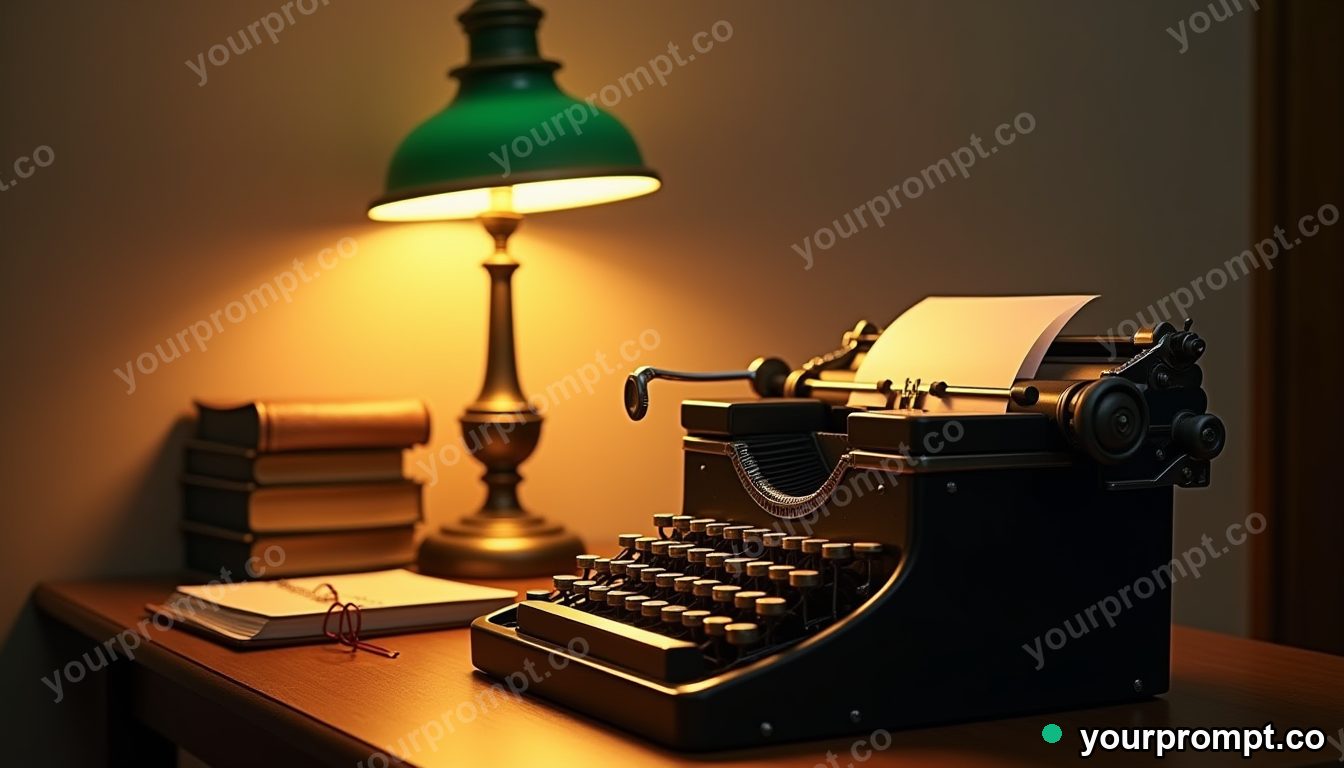 A writer's desk with a typewriter and a green banker's lamp in photorealistic style — AI-generated image from a text prompt