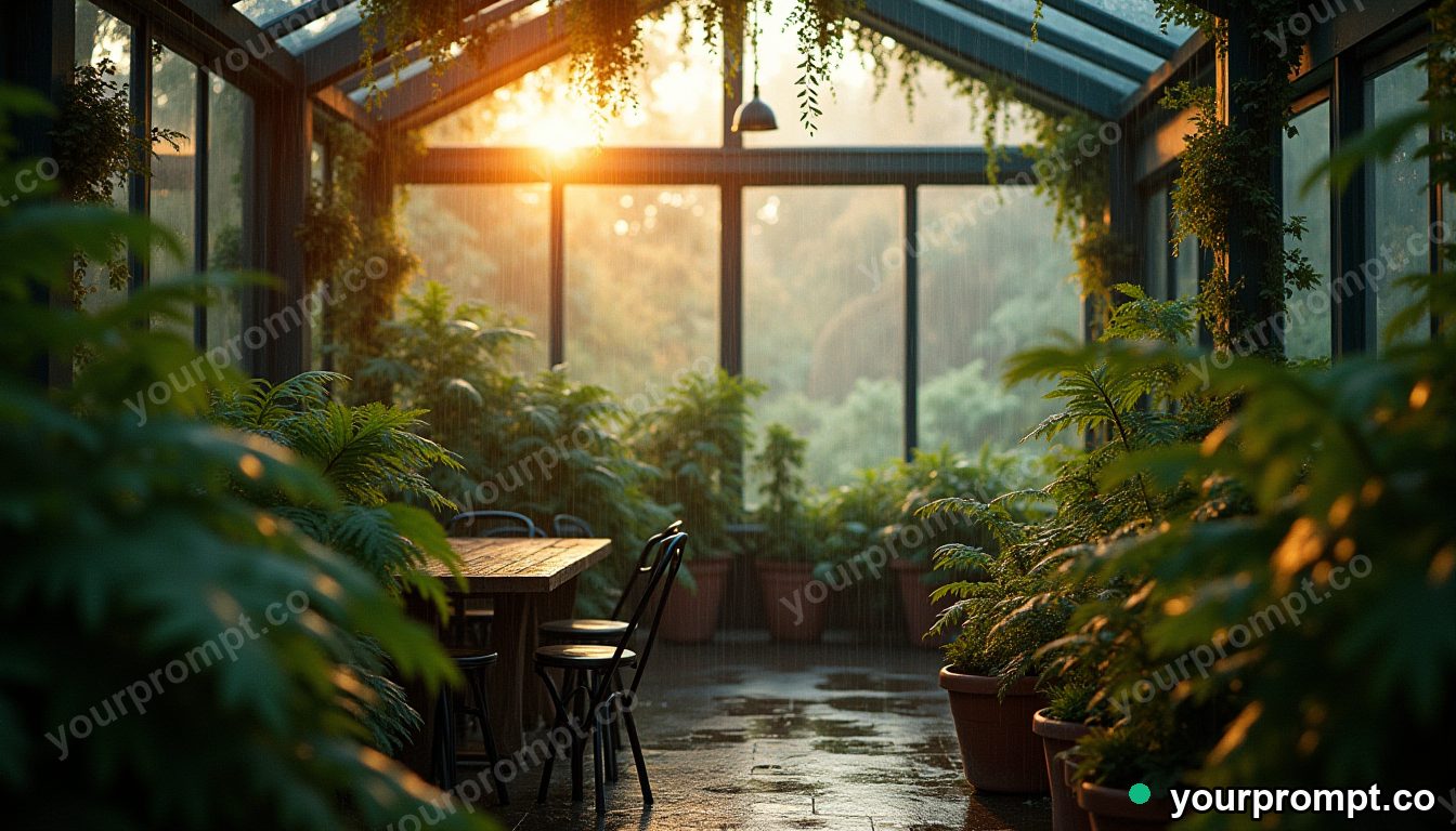 A greenhouse cafe full of ferns in soft rain in cinematic film still style — AI-generated image from a text prompt