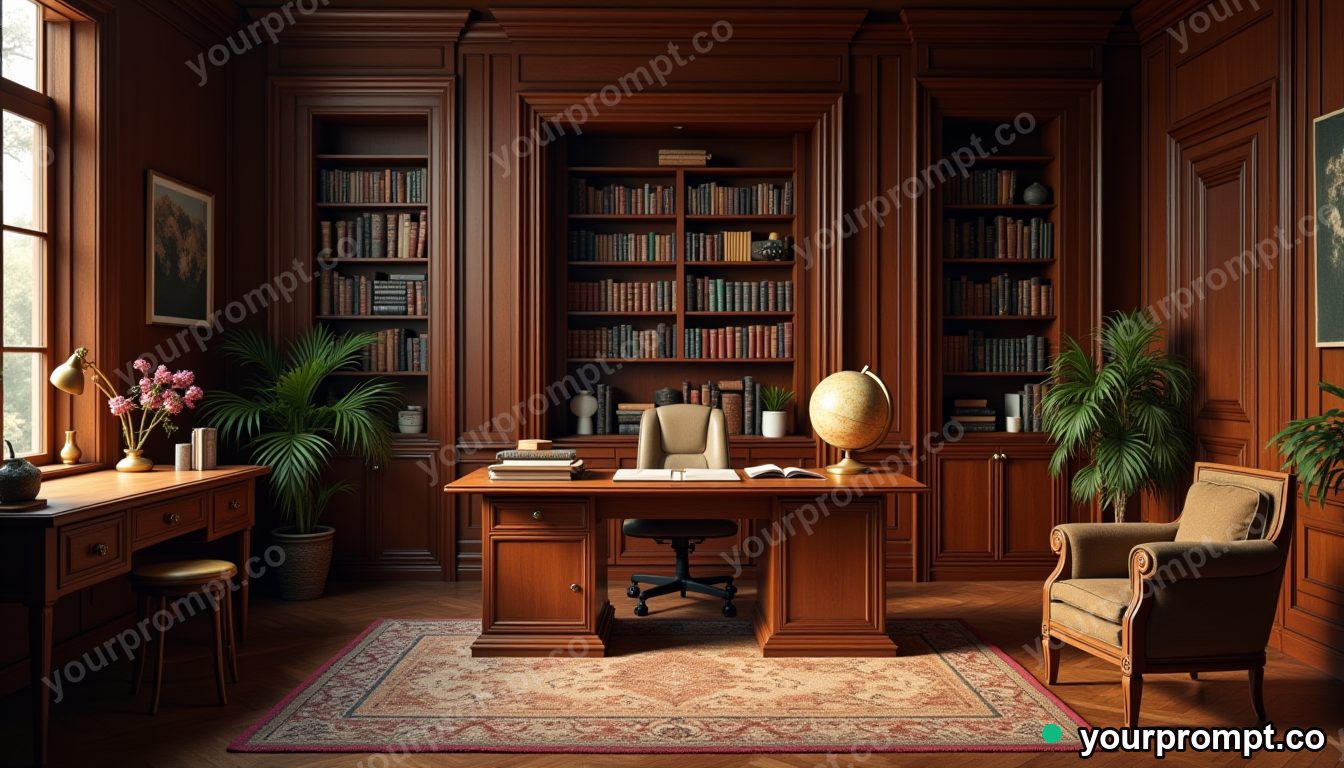 A wood-paneled study lined with books and a globe in golden-hour photography style — AI-generated image from a text prompt