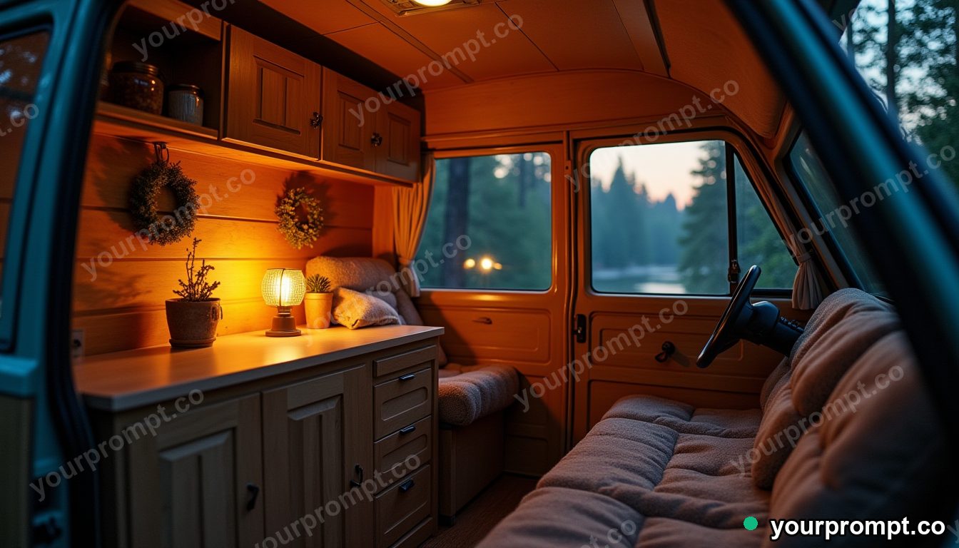 A campervan interior glowing warm at a forest dusk in photorealistic style — AI-generated image from a text prompt