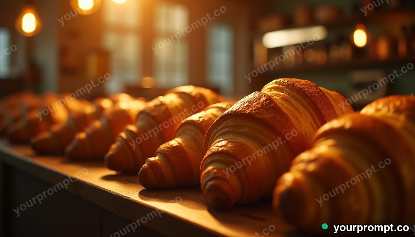 A bakery counter with fresh croissants under warm light in cinematic film still style — AI-generated image from a text prompt