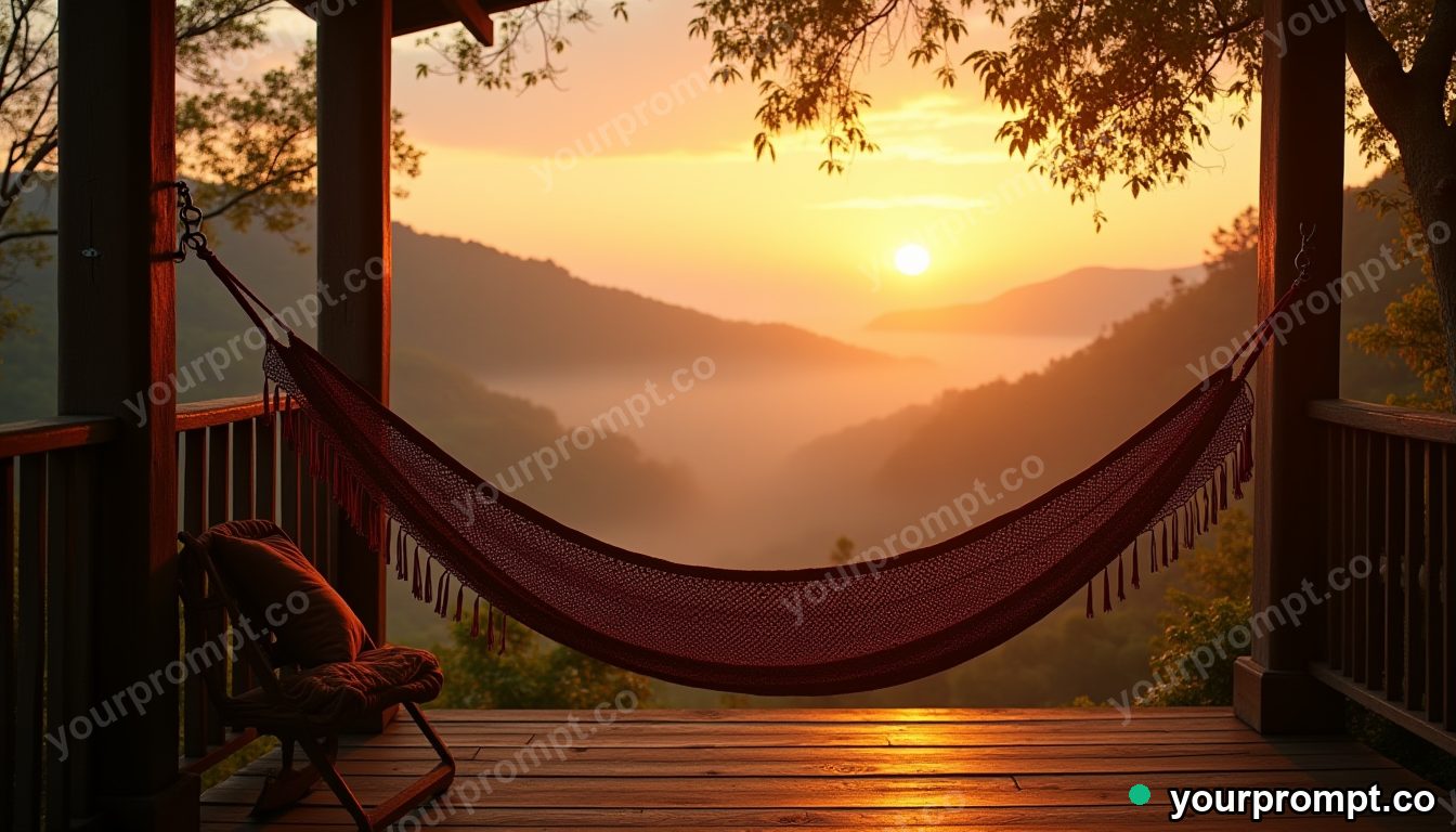 A hammock on a porch overlooking a misty valley at sunrise in golden-hour photography style — AI-generated image from a text prompt