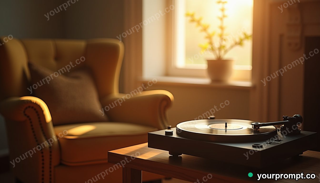 A record player and vinyl beside a sunlit armchair in photorealistic style — AI-generated image from a text prompt