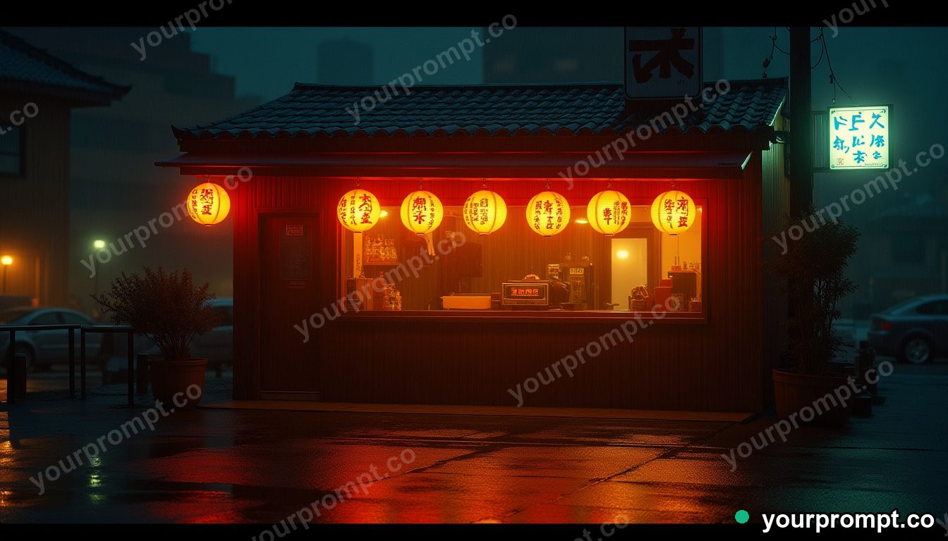 A quiet ramen bar glowing on a rainy night in cinematic film still style — AI-generated image from a text prompt