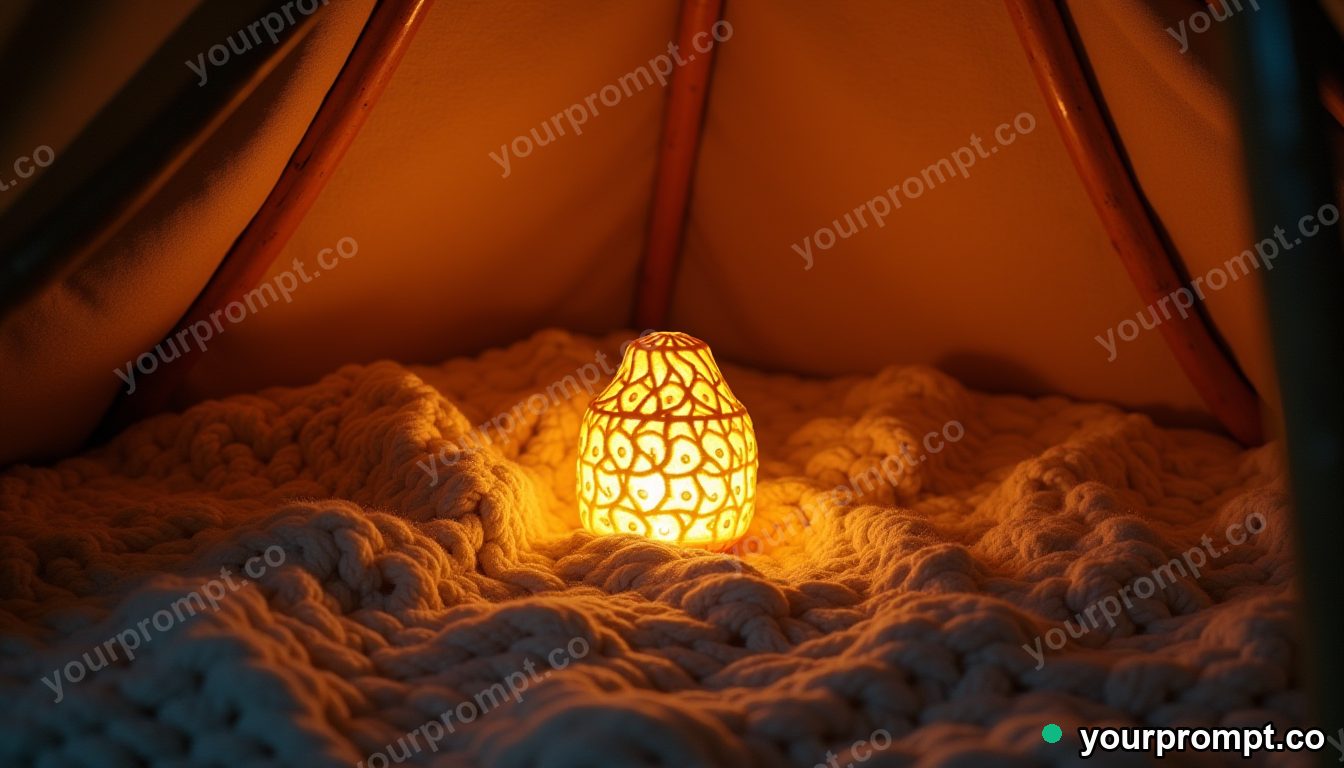 A knitted blanket fort lit by a small lamp in golden-hour photography style — AI-generated image from a text prompt