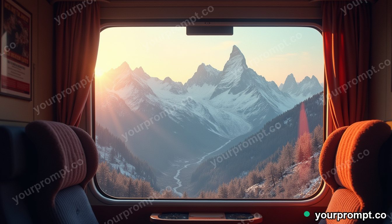 A window of a mountain train with snowy peaks passing in photorealistic style — AI-generated image from a text prompt
