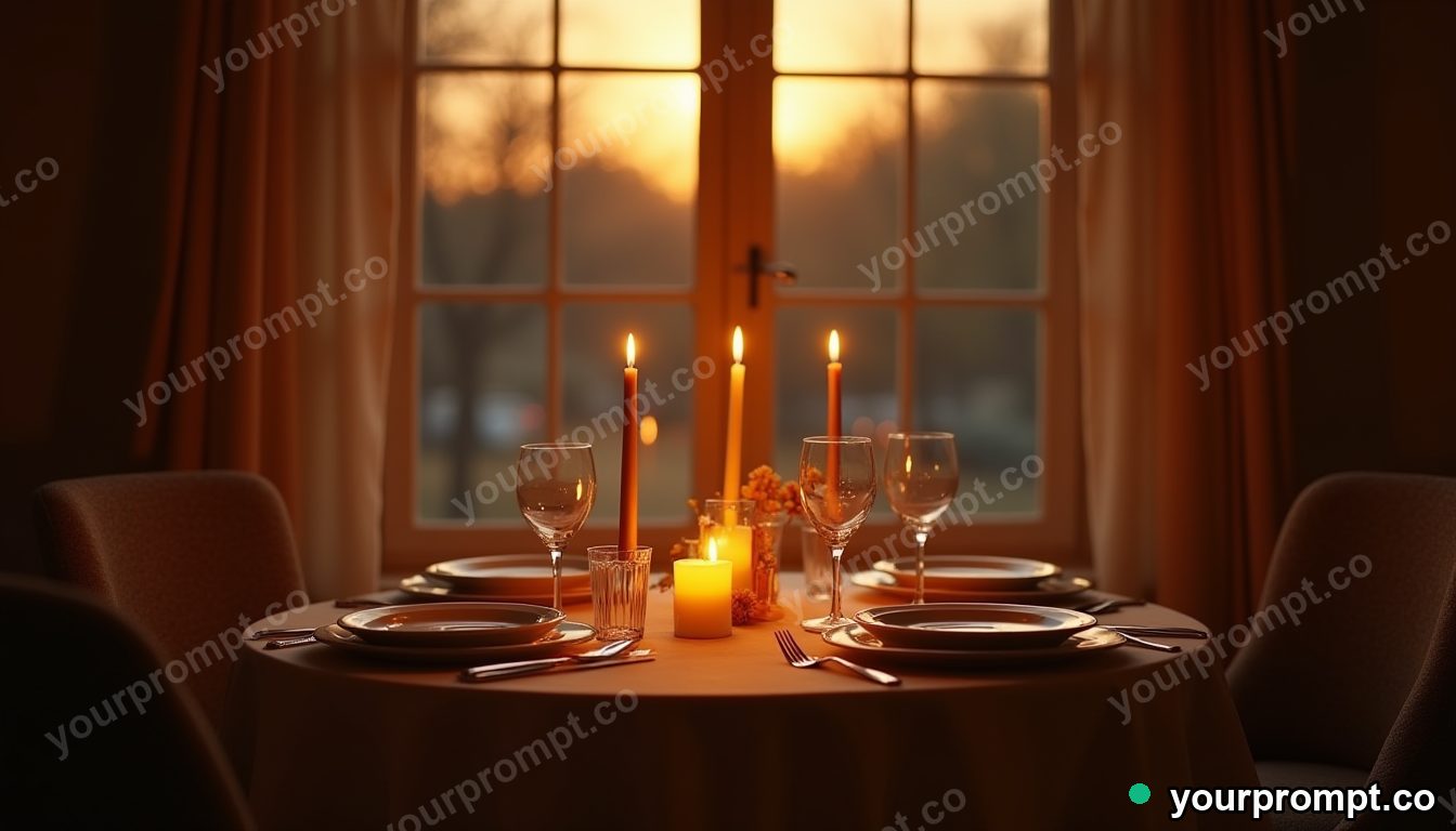 A candlelit dinner table set for two by a window in cinematic film still style — AI-generated image from a text prompt