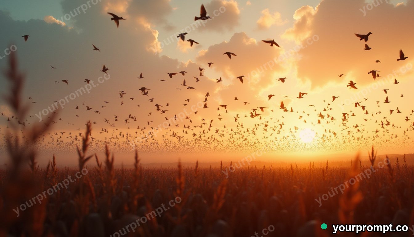 A wave of starlings swirling over an autumn field at dusk