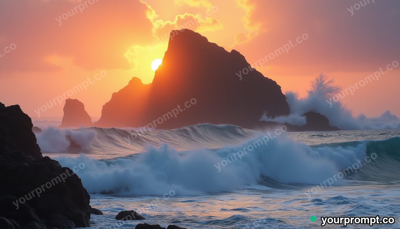 A basalt sea stack battered by foaming waves at sunset