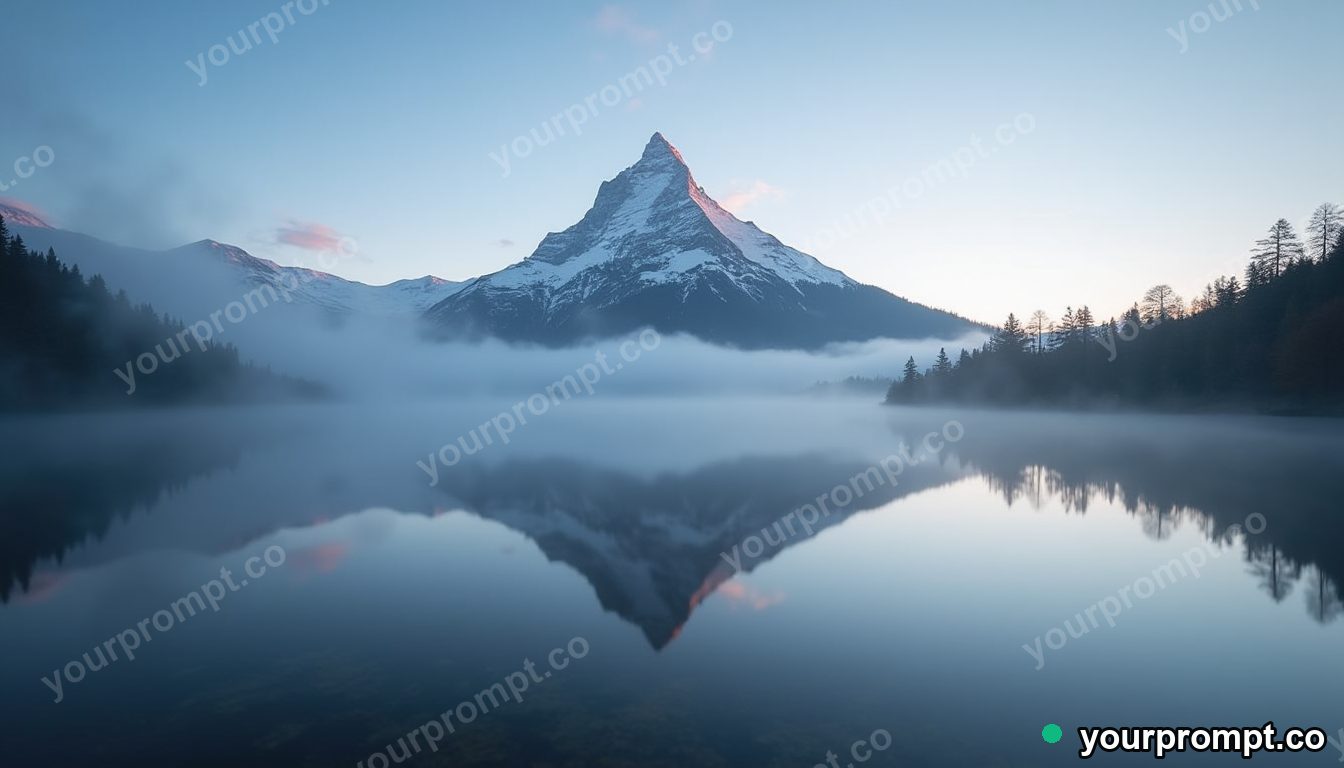 A mountain reflected in a still alpine tarn at first light
