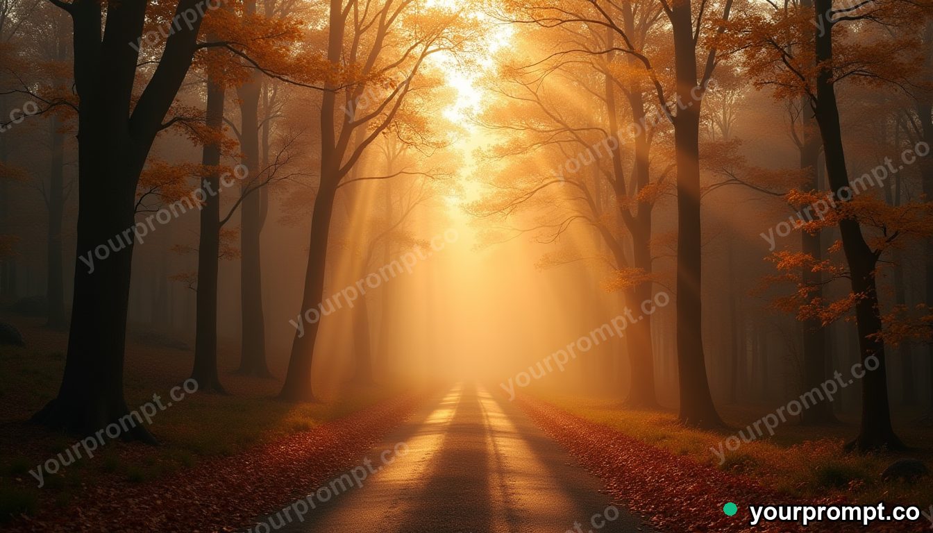 A forest road vanishing into golden autumn fog