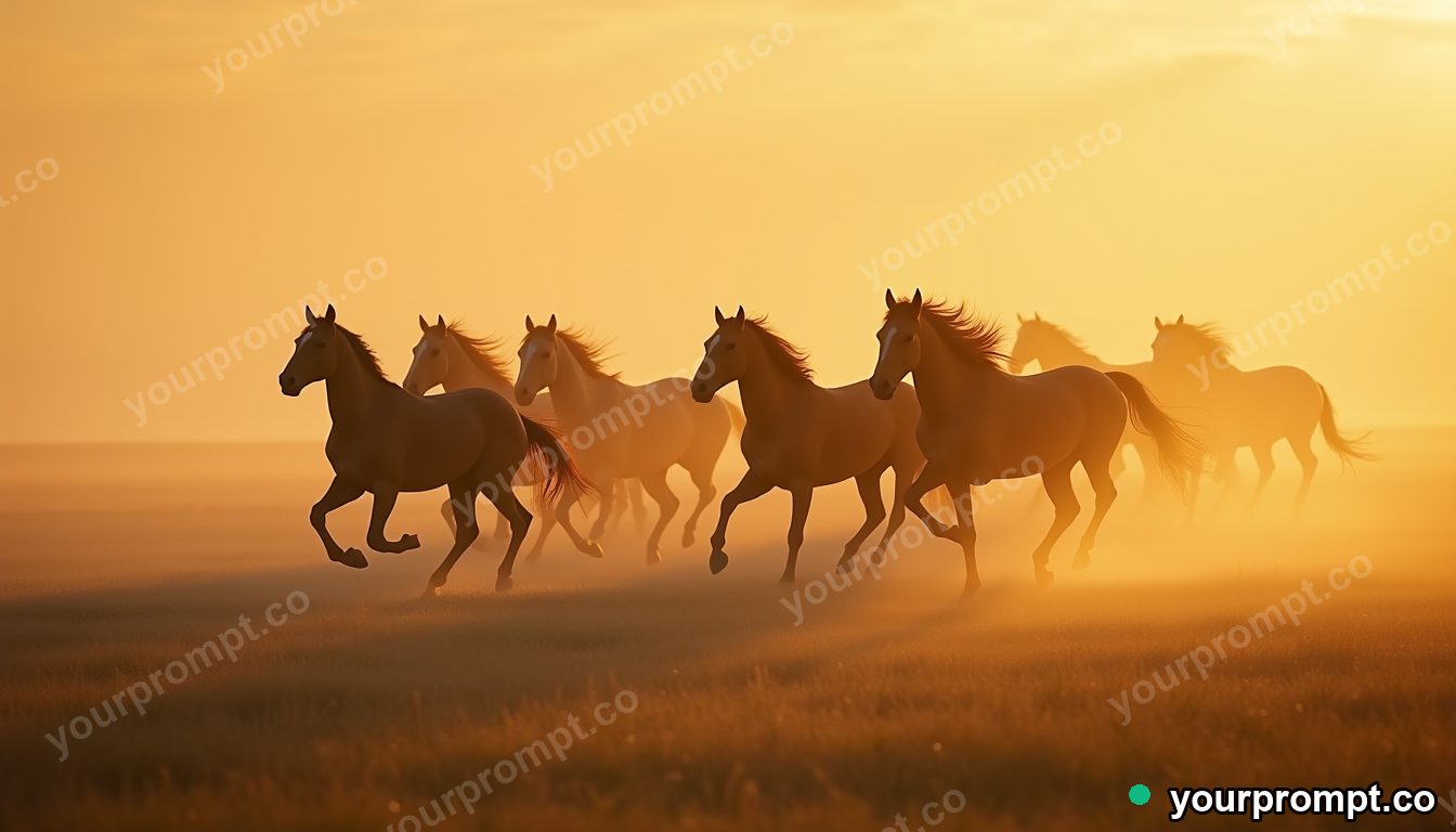 A herd of wild horses galloping across a misty plain