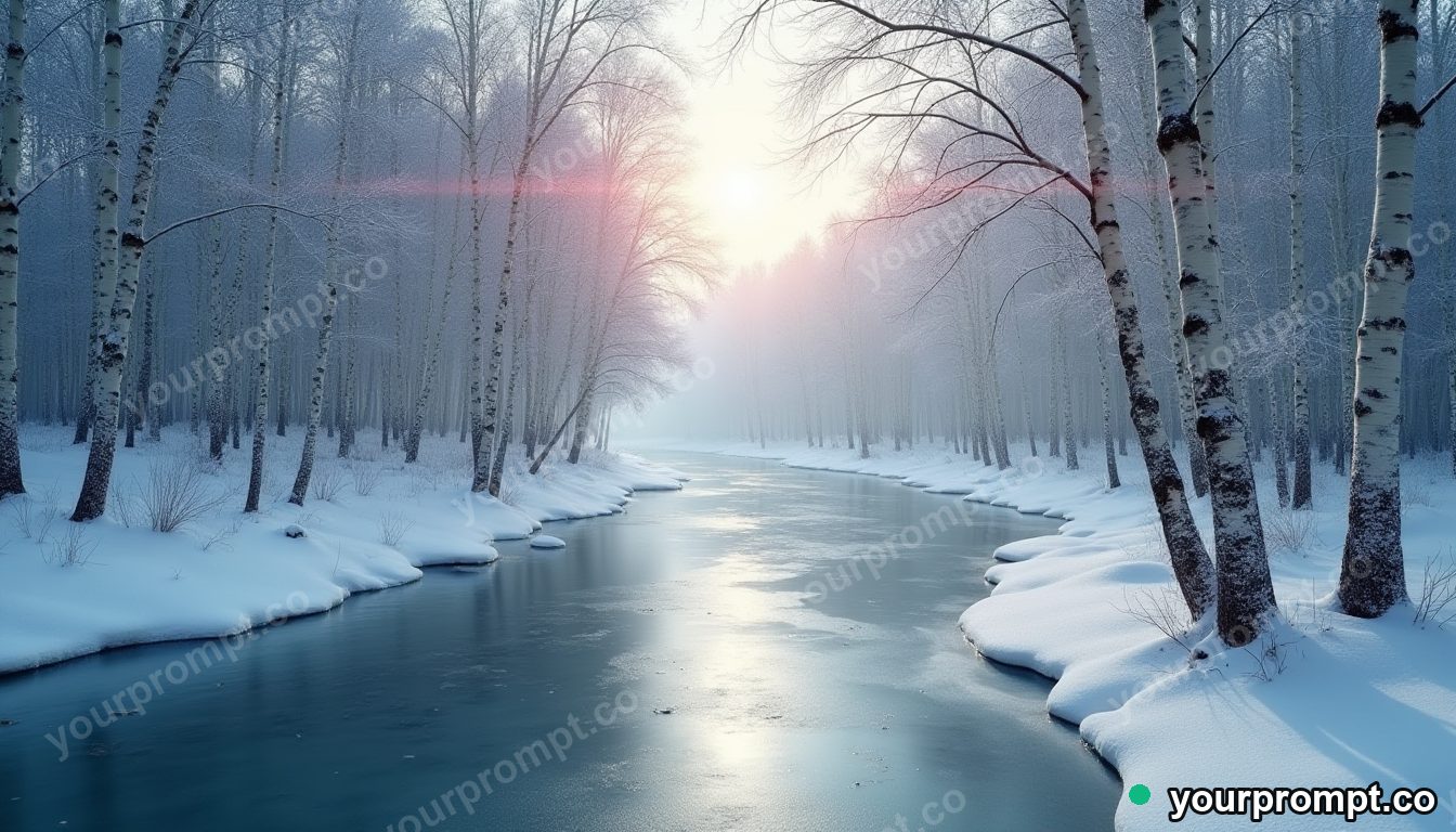 A frozen river winding through a snowy birch forest