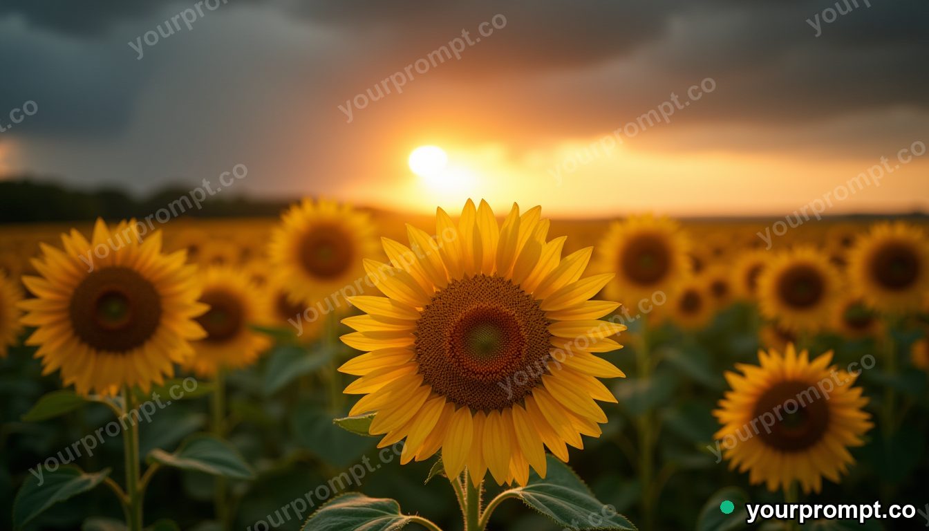 A sunflower field bowing under an approaching storm in golden-hour photography style — AI-generated image from a text prompt