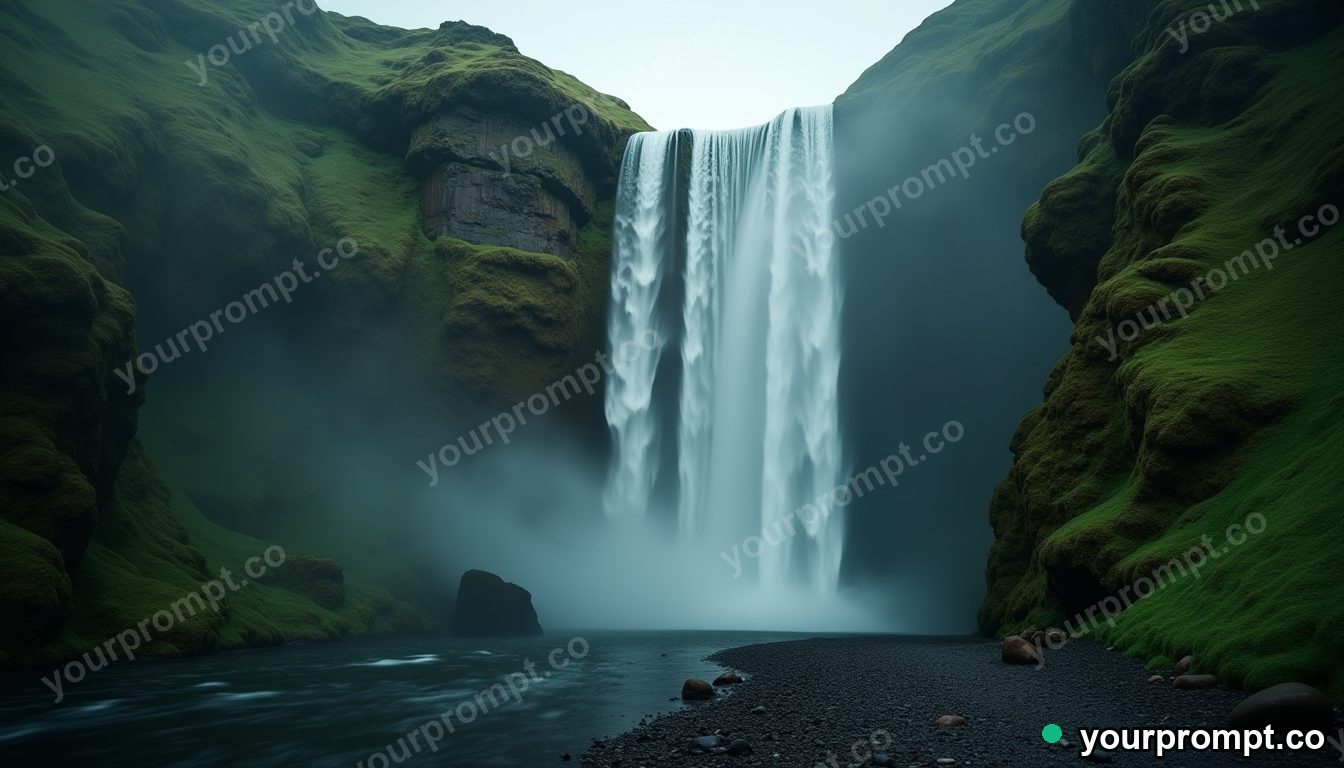 A waterfall curtain behind a wall of green ferns in ethereal long-exposure style — AI-generated image from a text prompt