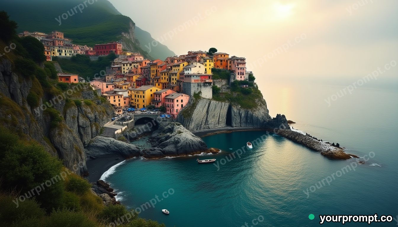 A cliffside village clinging above a turquoise cove in golden-hour photography style — AI-generated image from a text prompt