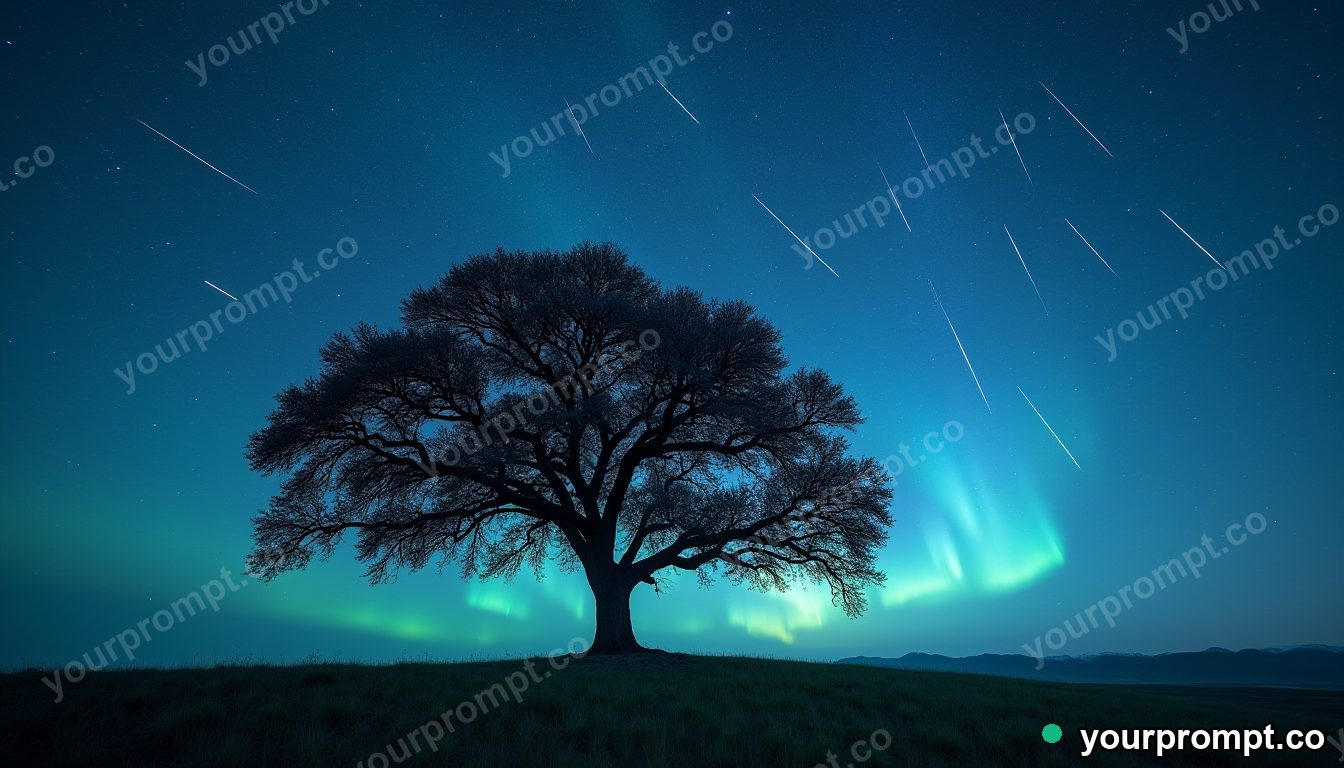 A lone oak tree under a sky streaked with comets in ethereal long-exposure style — AI-generated image from a text prompt