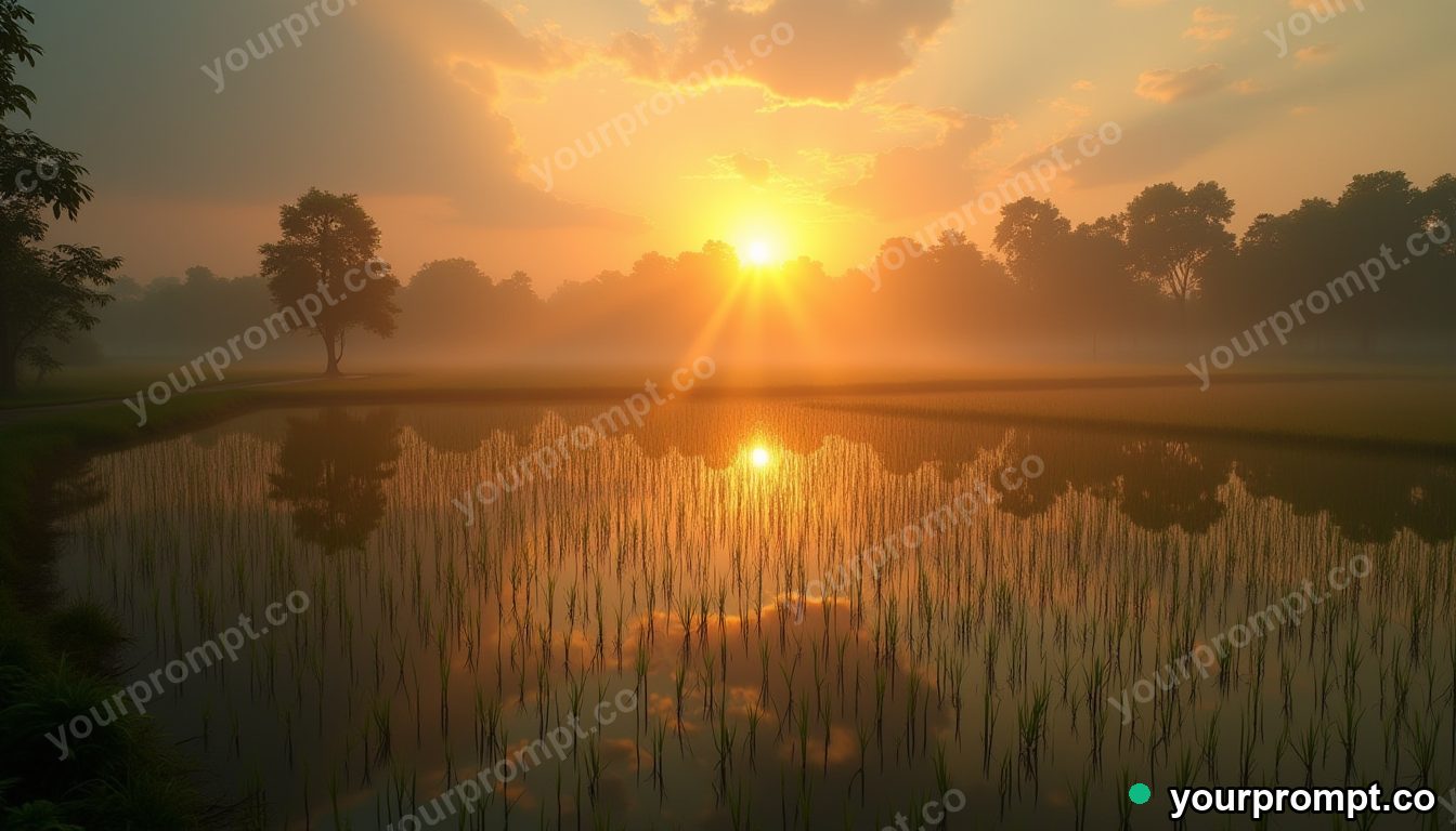 A rice paddy mirror at sunrise dotted with farmers' lanterns in cinematic film still style — AI-generated image from a text prompt