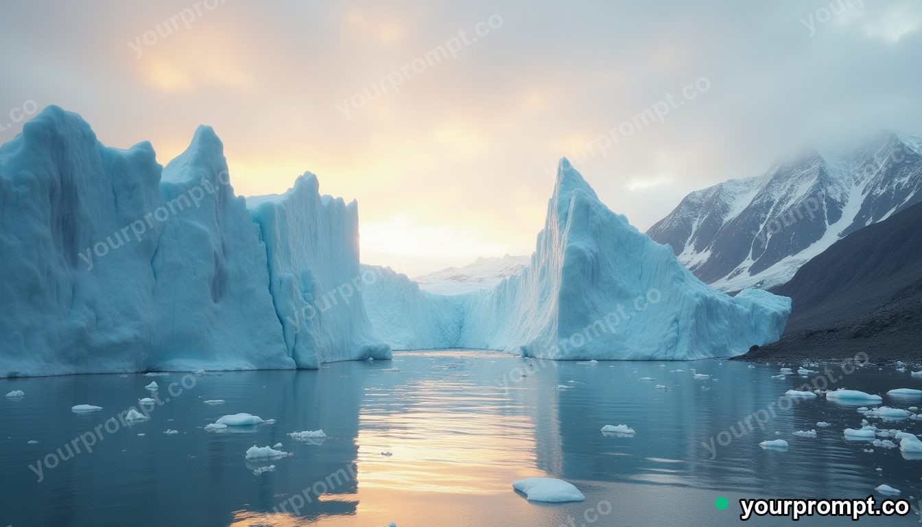 A glacier face calving into a still grey sea in golden-hour photography style — AI-generated image from a text prompt