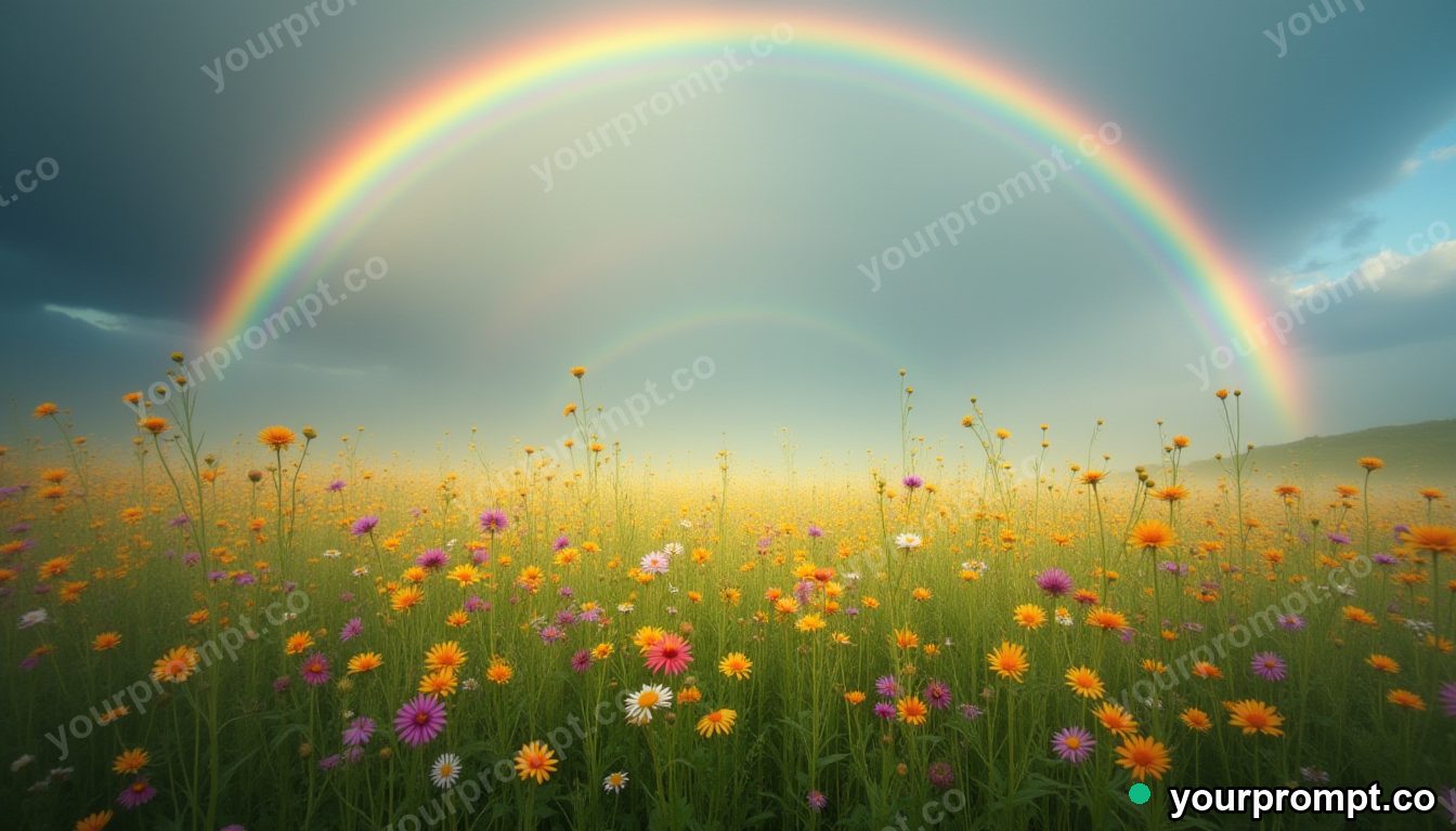 A meadow of wildflowers under a vivid double rainbow in ethereal long-exposure style — AI-generated image from a text prompt