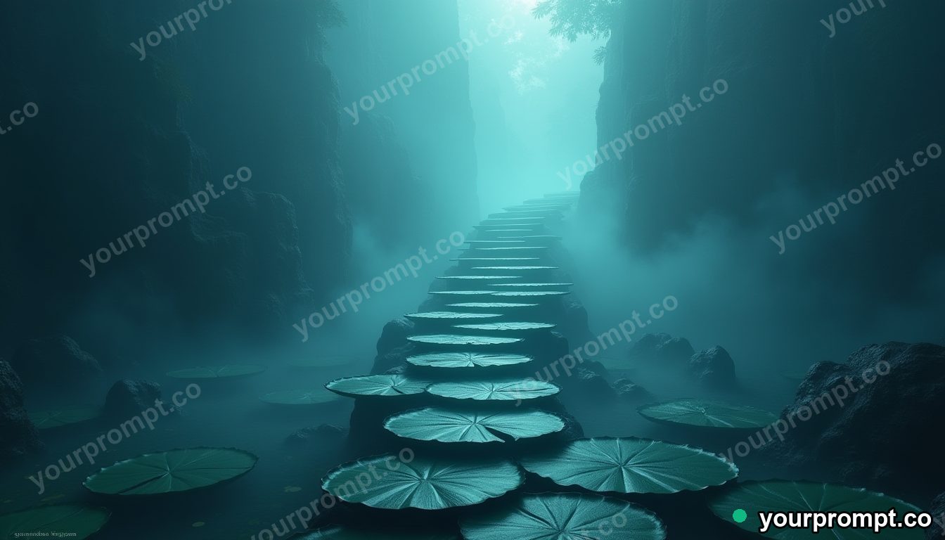 A staircase of floating lily pads rising into mist