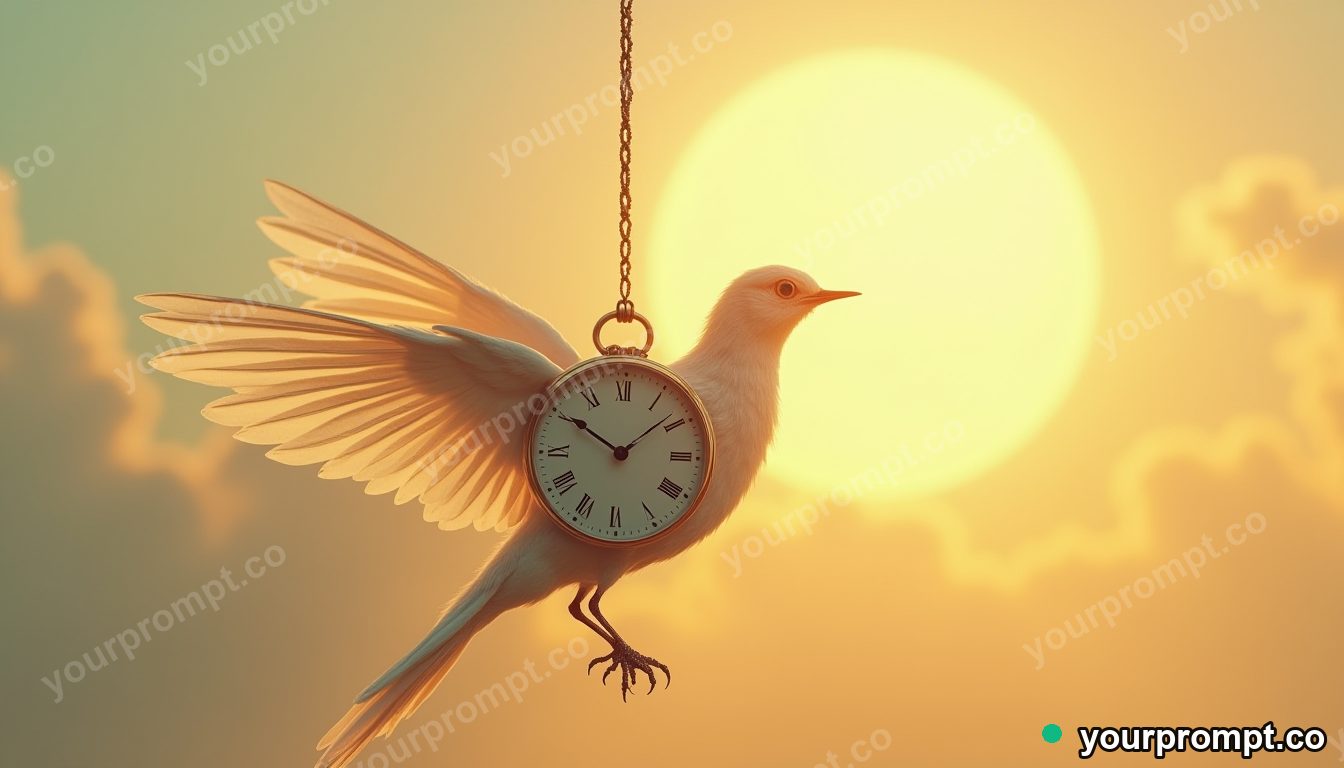 A clockwork bird carrying the sun on a string