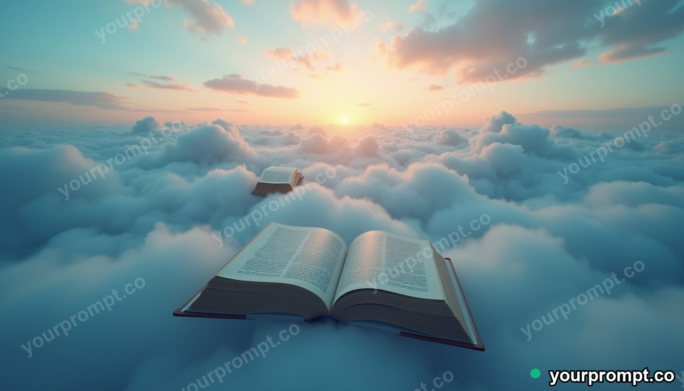 A sea of clouds with islands made of open books