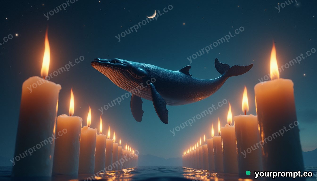 A whale gliding between skyscraper-sized candles