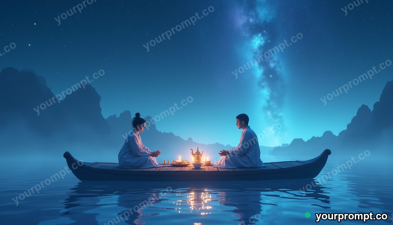 A tea ceremony on a raft drifting through the stars in dreamy pastel style — AI-generated image from a text prompt