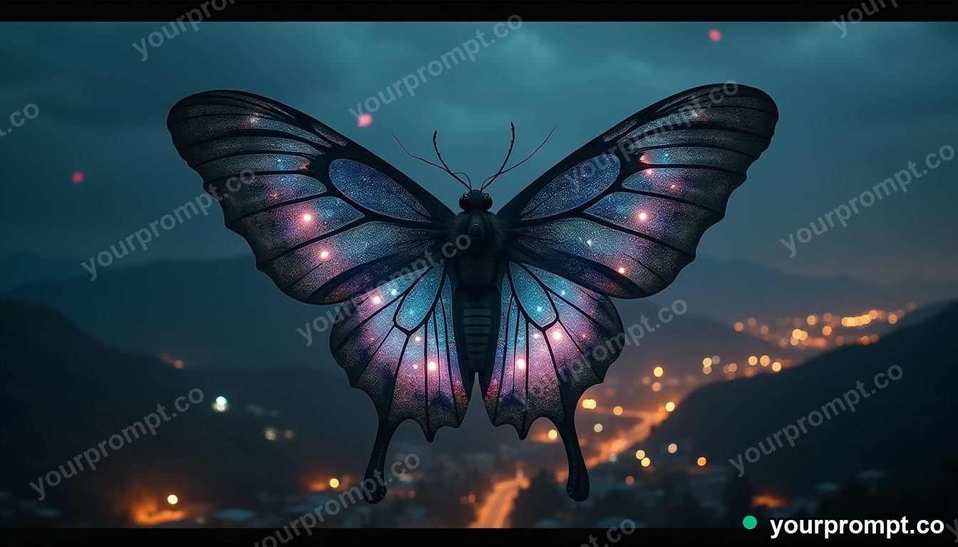 A giant moth with galaxies on its wings over a village in cinematic film still style — AI-generated image from a text prompt