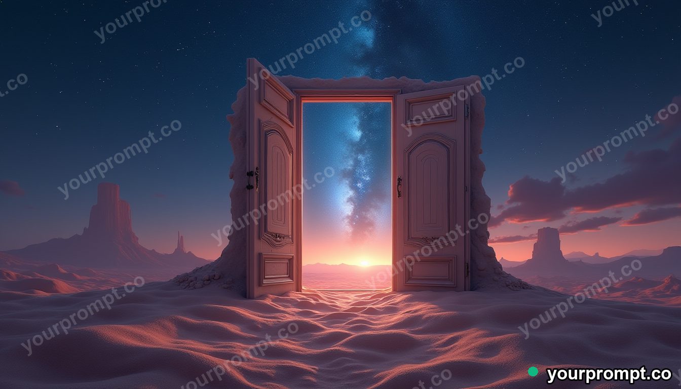 A desert with doors standing open to different skies