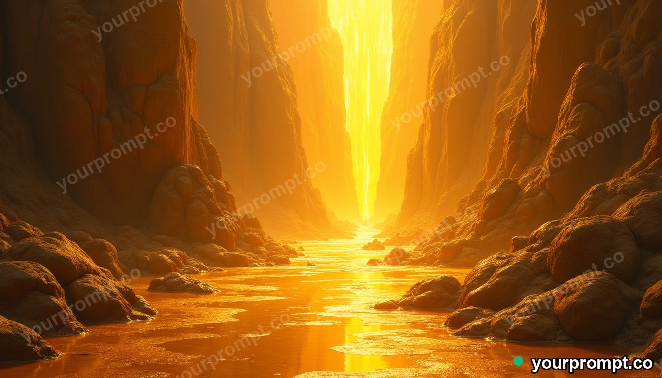 A river of liquid gold spilling from a tilted painting