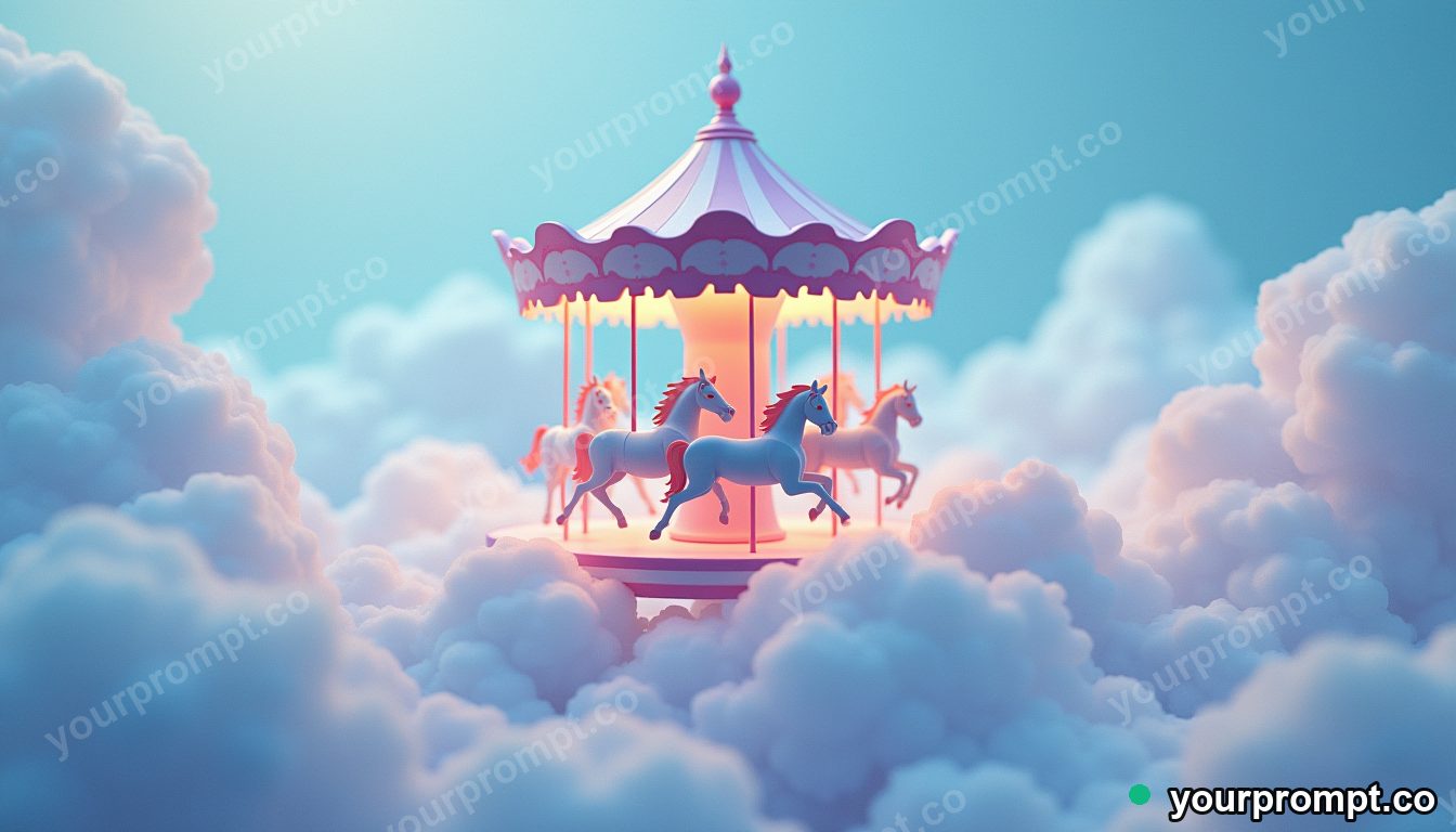 A carousel of paper horses turning above the clouds